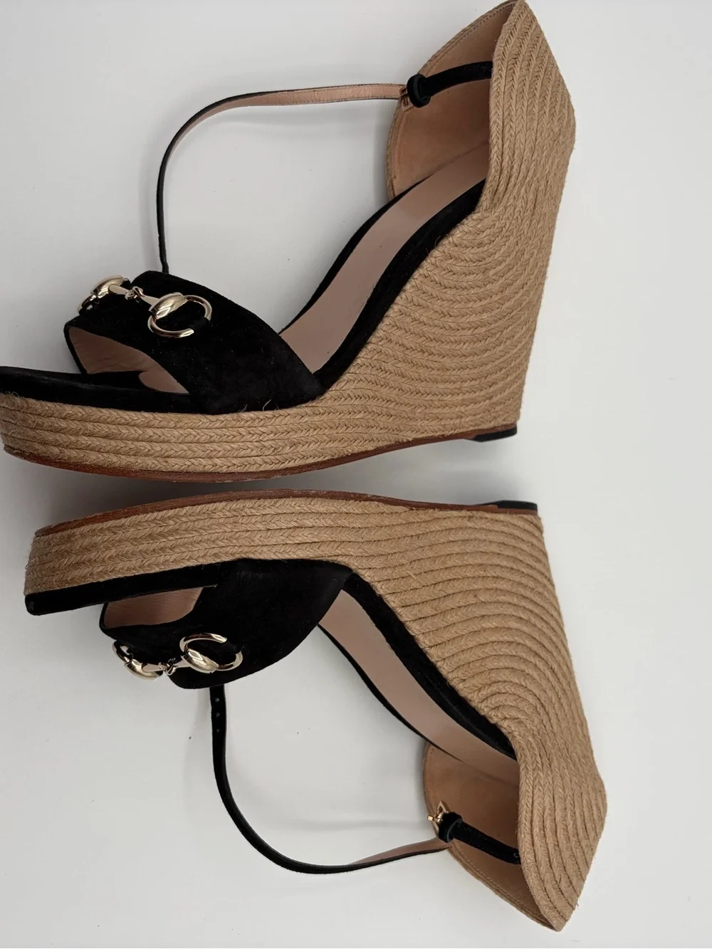 Gucci Horsebit Kid Suede Espadrille Wedge Sandals Black Size 40 - Picture 5 of 9